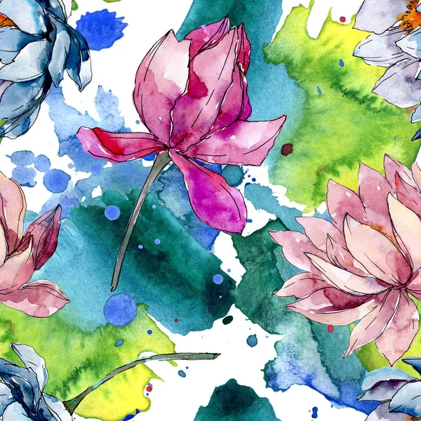 Lotus floral botanical flowers. Watercolor background illustration set. Seamless background pattern.