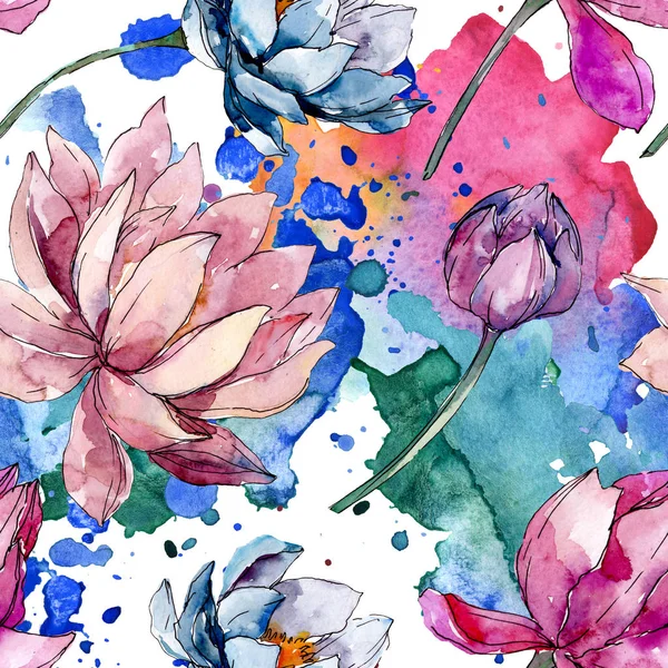 Lotus çiçek botanik çiçekler. Suluboya arka plan illüstrasyon seti. Kesintisiz arka plan deseni.