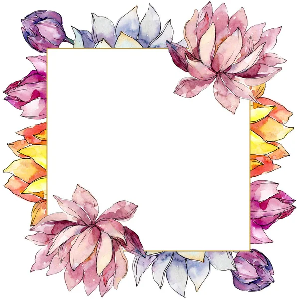 Fiori botanici floreali di loto. Acquerello sfondo illustrazione set. Quadrato ornamento bordo cornice . — Foto Stock