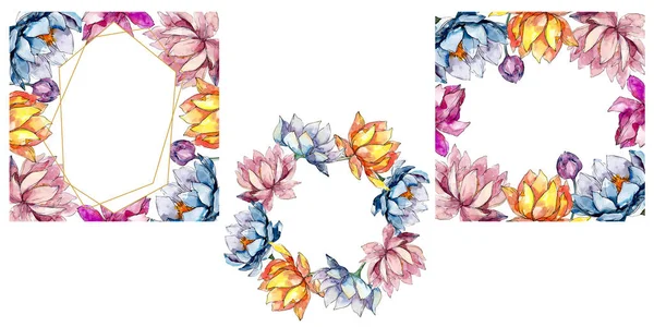 연꽃 식물 꽃입니다. 수채화 배경 일러스트 세트입니다. 프레임 테두리 장식 광장. — 스톡 사진