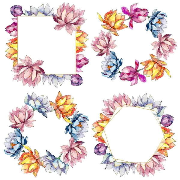 Lotusblüten, botanische Blüten. Aquarell Hintergrundillustration Set. Rahmen Rand Ornament Quadrat. — Stockfoto