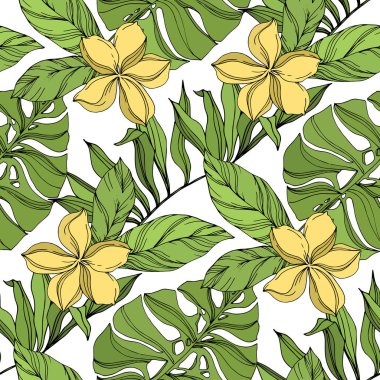Palm beach tree leaves jungle botanical succulent. Black and green engraved ink art. Seamless background pattern. clipart
