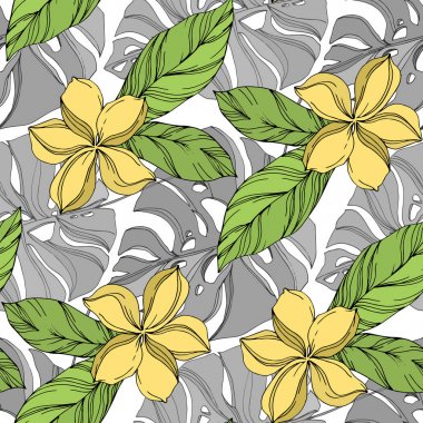 Palm beach tree leaves jungle botanical succulent. Black and green engraved ink art. Seamless background pattern. clipart