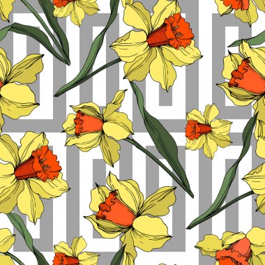 Vektör Narcissus çiçek botanik çiçek. Sarı ve yeşil oyulmuş mürekkep sanatı. Kesintisiz arka plan deseni.