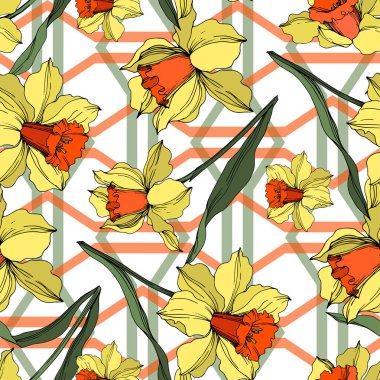 Vektör Narcissus çiçek botanik çiçek. Sarı ve yeşil oyulmuş mürekkep sanatı. Kesintisiz arka plan deseni.