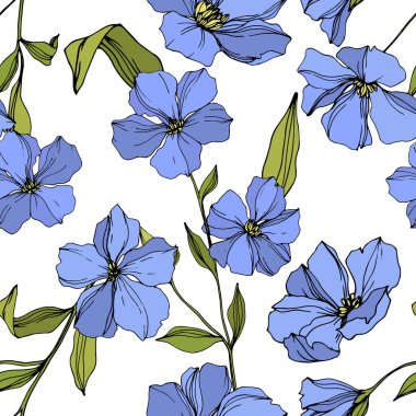 Vektör Keten çiçek botanik çiçekler. Mavi ve yeşil oyulmuş mürekkep sanatı. Kesintisiz arka plan deseni.