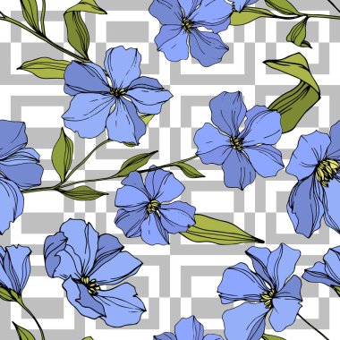 Vektör Keten çiçek botanik çiçekler. Mavi ve yeşil oyulmuş mürekkep sanatı. Kesintisiz arka plan deseni.