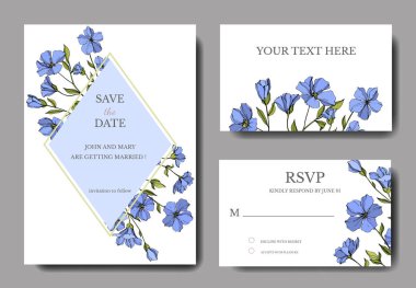 Vektör Keten botanik çiçekler. Mavi ve yeşil oyulmuş mürekkep sanatı. Düğün arka plan kartı çiçek dekoratif sınır.