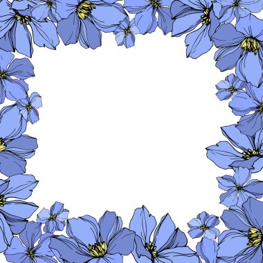 Vektör Keten çiçek botanik çiçekler. Siyah ve mavi oyulmuş mürekkep sanatı. Çerçeve kenarlık süs karesi.