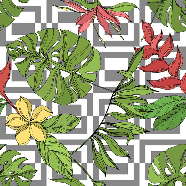 Пальма-Бич дерево листья джунглей ботанический суккулент. Черно-зеленый рисунок чернил. Бесшовный рисунок фона
.