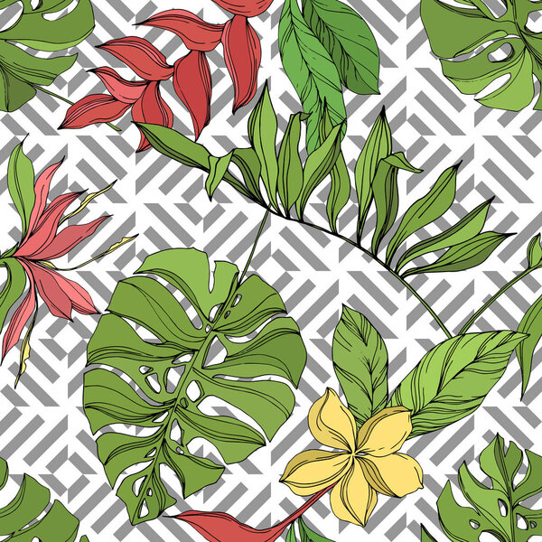 Пальма-Бич дерево листья джунглей ботанический суккулент. Черно-зеленый рисунок чернил. Бесшовный рисунок фона
.