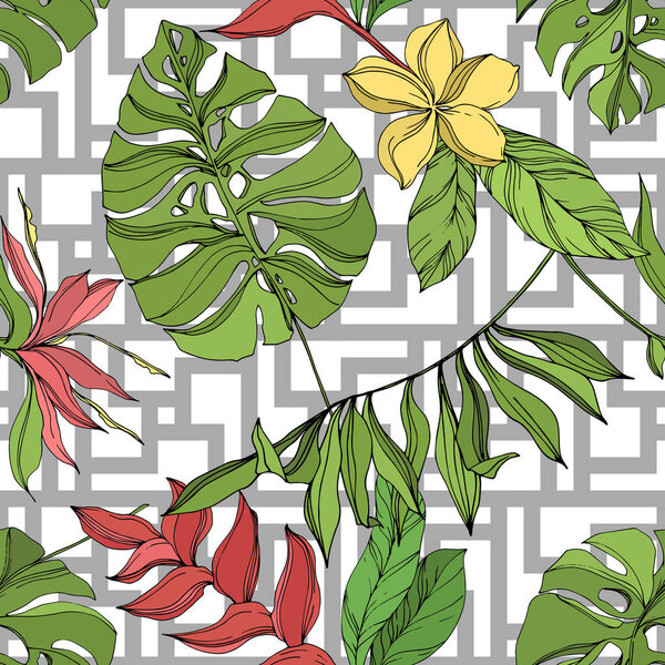 Пальма-Бич дерево листья джунглей ботанический суккулент. Черно-зеленый рисунок чернил. Бесшовный рисунок фона
.