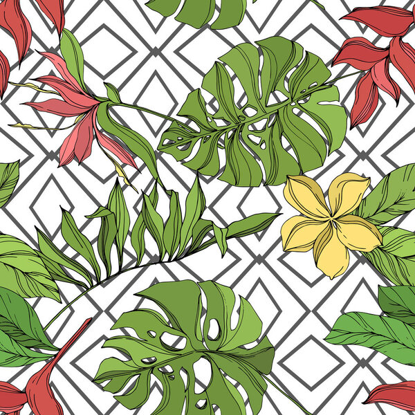 Пальма-Бич дерево листья джунглей ботанический суккулент. Черно-зеленый рисунок чернил. Бесшовный рисунок фона
.