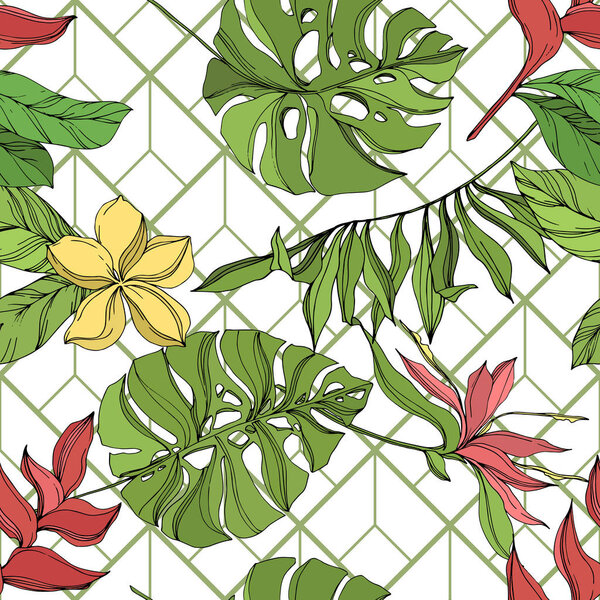 Пальма-Бич дерево листья джунглей ботанический суккулент. Черно-зеленый рисунок чернил. Бесшовный рисунок фона
.