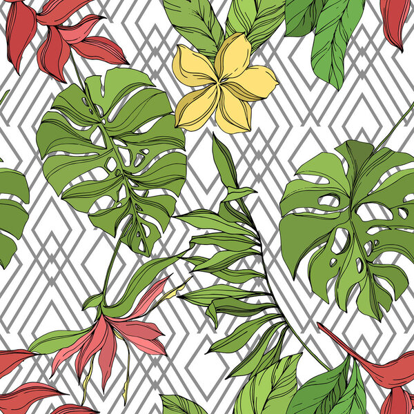 Palm beach tree leaves jungle botanical succulent. Black and green engraved ink art. Seamless background pattern.