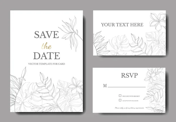 Palm beach tree leaves jungle botanical. Gray engraved ink art. Wedding background card decorative border. — Stock Vector