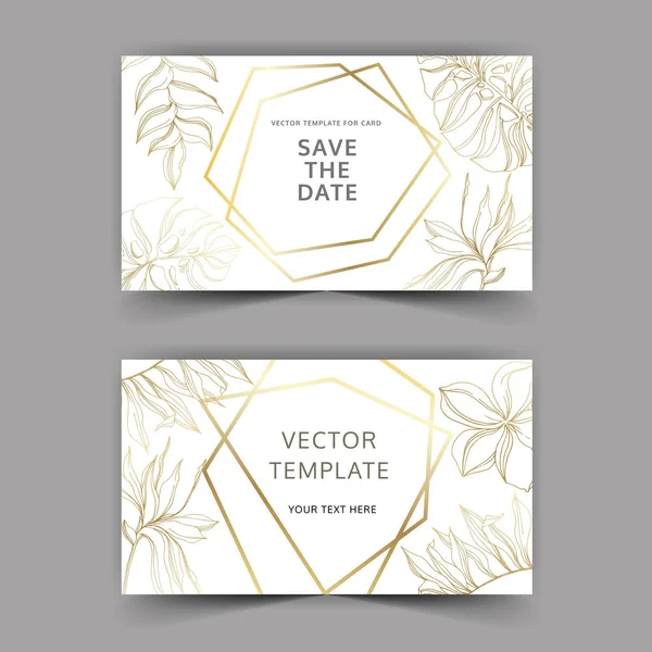 棕榈滩树叶丛林植物。金色刻墨艺术。婚礼背景卡装饰边框. — 图库矢量图片