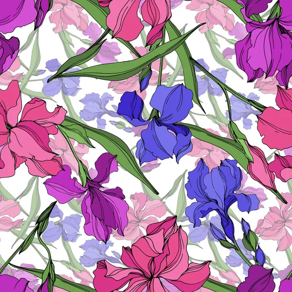 Vector irissen bloemen botanische bloemen. Zwart-wit gegraveerd Ink Art. Naadloos achtergrond patroon. — Stockvector