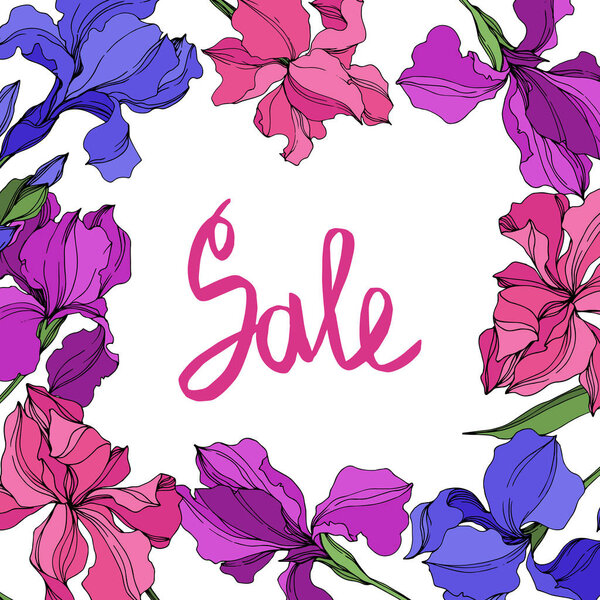 Векторные ирисы цветочные ботанические цветы. Черно-белый рисунок чернил. Граничный орнамент
.