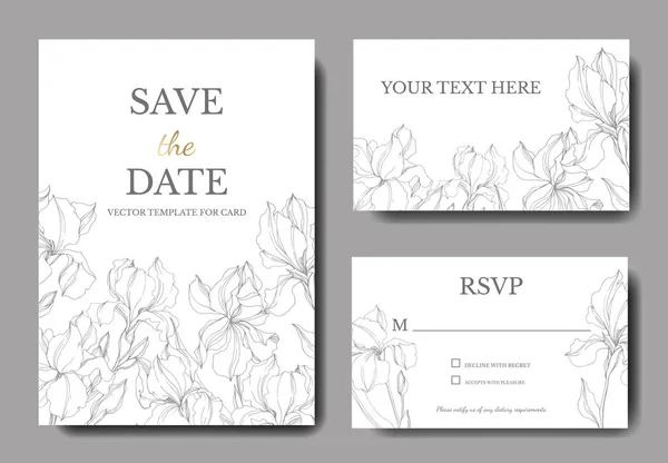Vector Irises flores botânicas. Tinta gravada a preto e branco. Casamento cartão de fundo floral borda decorativa . —  Vetores de Stock