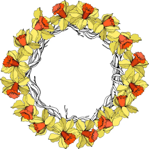 Διανυσματικά λουλούδια λουλουδιών Κίτρινο και πορτοκαλί χαραγμένο μελάνι τέχνης. Κορνίζα περίγραμμα στολίδι τετράγωνο. — Διανυσματικό Αρχείο