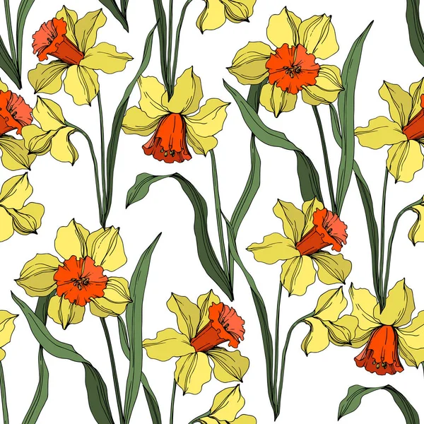 Vector Narcissus floral botanical flower. Yellow and green engraved ink art. Seamless background pattern. — Stock Vector