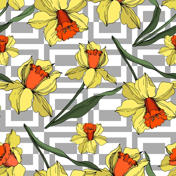 Vector Narcissus floral botanical flower. Yellow and green engraved ink art. Seamless background pattern. — Stock Vector