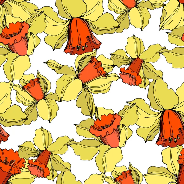 Vector Narcissus flor botánica floral. Tinta amarilla y naranja grabada. Patrón de fondo sin costuras . — Vector de stock