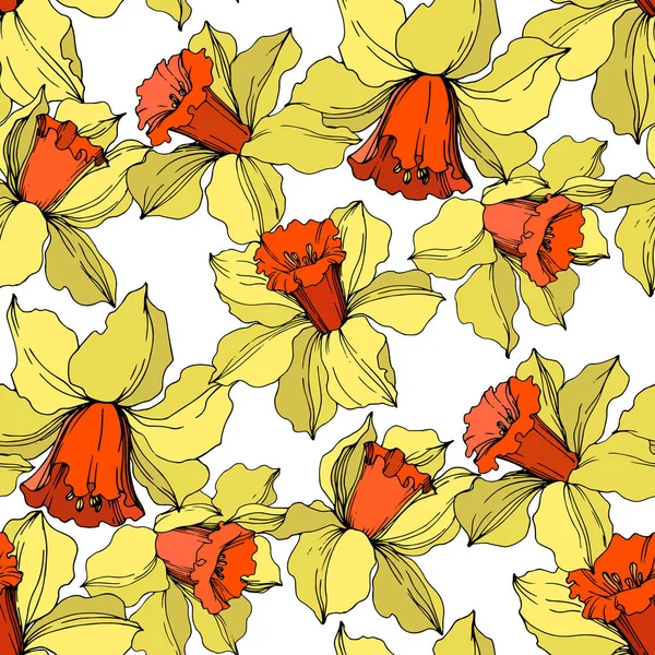 เวกเตอร์ Narcissus ดอกไม้พฤกษศาสตร์ ศิลปะหมึกแกะสลักสีเหลืองและสีส้ม รูปแบบพื้นหลังที่ไร้รอยต่อ . — ภาพเวกเตอร์สต็อก
