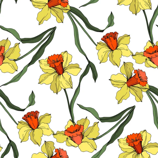 Vector Narcissus floral botanical flower. Yellow and green engraved ink art. Seamless background pattern. — Stock Vector