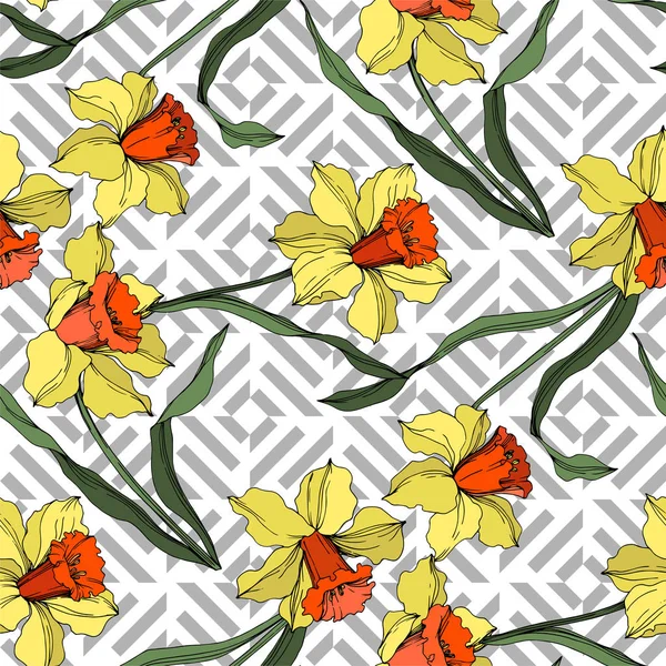 Vector Narcissus Floral botanische bloem. Gele en groene gegraveerde inkt kunst. Naadloos achtergrond patroon. — Stockvector