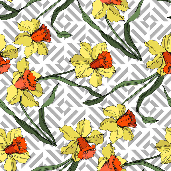 Vector Narcissus floral botanical flower. Yellow and green engraved ink art. Seamless background pattern.