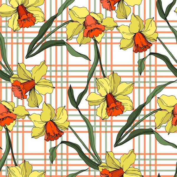 Vector Narcissus Floral botanische bloem. Gele en groene gegraveerde inkt kunst. Naadloos achtergrond patroon. — Stockvector