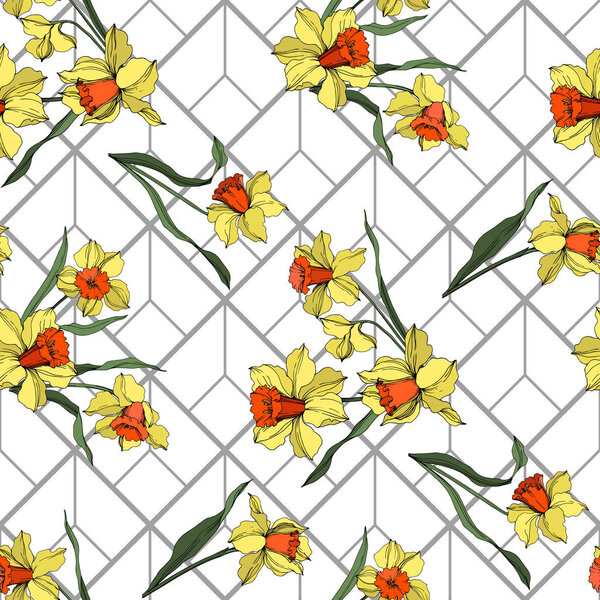 Vector Narcissus floral botanical flower. Yellow and green engraved ink art. Seamless background pattern.