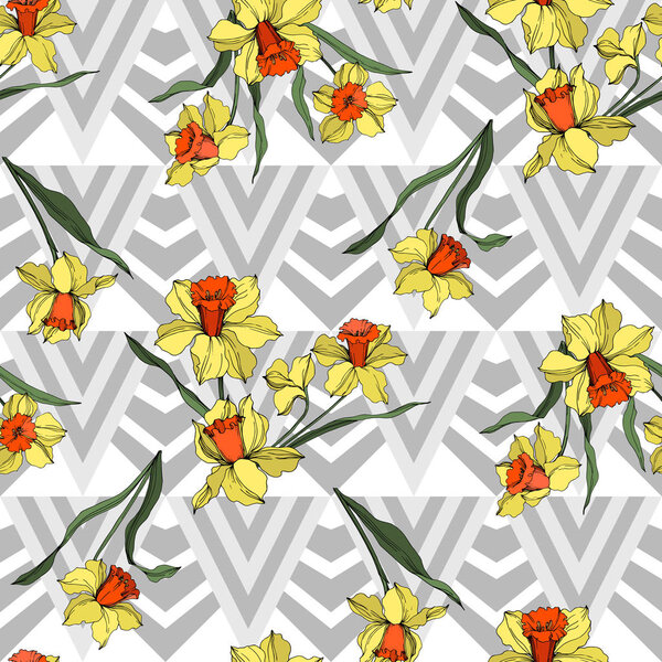 Vector Narcissus floral botanical flower. Yellow and green engraved ink art. Seamless background pattern.