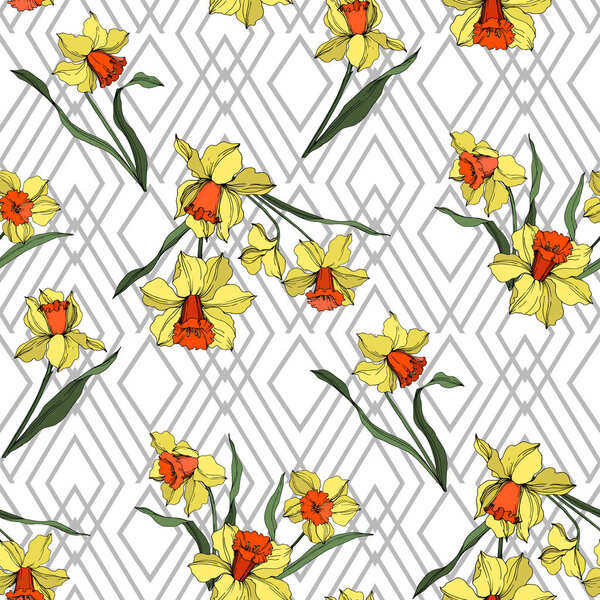 Vector Narcissus floral botanical flower. Yellow and green engraved ink art. Seamless background pattern.