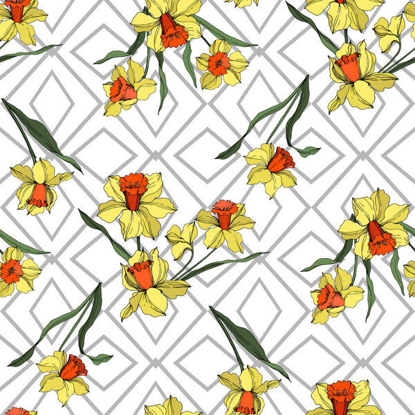 Vector Narcissus floral botanical flower. Yellow and green engraved ink art. Seamless background pattern.