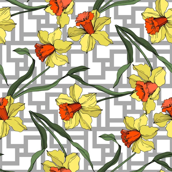 Vector Narcissus floral botanical flower. Yellow and green engraved ink art. Seamless background pattern. — Stock Vector