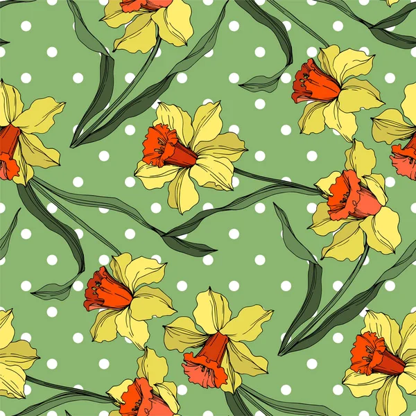 Vector Narcissus floral botanical flower. Yellow and green engraved ink art. Seamless background pattern. — Stock Vector