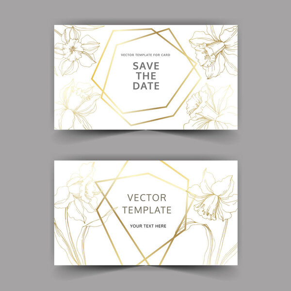 Vector Narcissus floral botanical flower. Golden engraved ink art. Wedding background card floral decorative border.