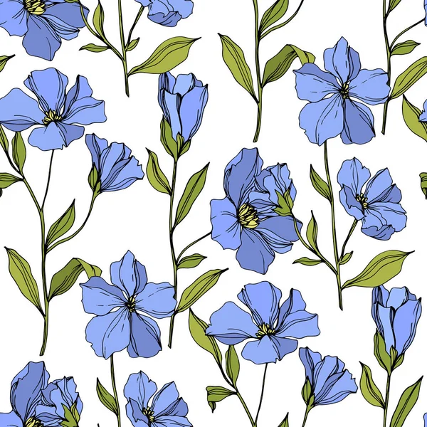 Vector Flax floral botanical flowers. Blue and green engraved ink art. Seamless background pattern. — Stock Vector