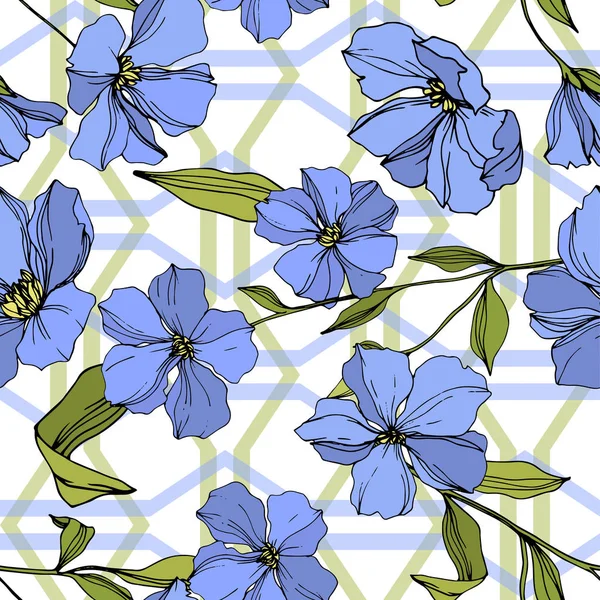 Vector Flax flores botánicas florales. Tinta grabada azul y verde. Patrón de fondo sin costuras . — Archivo Imágenes Vectoriales