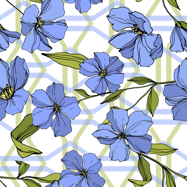 Vector Flax floral botanical flowers. Blue and green engraved ink art. Seamless background pattern.