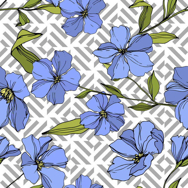 Vector Flax floral botanical flowers. Blue and green engraved ink art. Seamless background pattern.