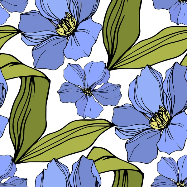 Vector vlas bloemen botanische bloemen. Blauwe en groene gegraveerde inkt kunst. Naadloos achtergrond patroon. — Stockvector