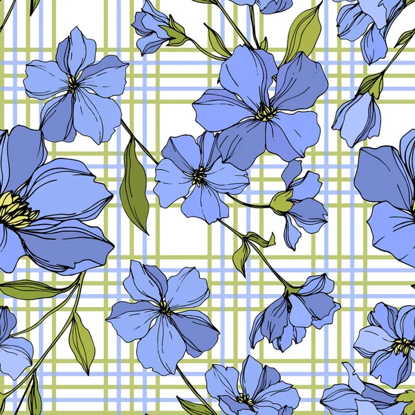 Vektor len virágos botanikai virágok. Kék és zöld gravírozott tinta művészet. Folytonos háttérmintázat. — Stock Vector