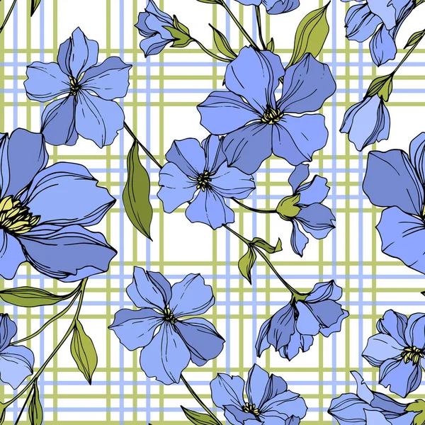 Vector Flax flores botánicas florales. Tinta grabada azul y verde. Patrón de fondo sin costuras . — Archivo Imágenes Vectoriales