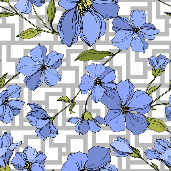 Vector Flax flores botánicas florales. Tinta grabada azul y verde. Patrón de fondo sin costuras . — Archivo Imágenes Vectoriales