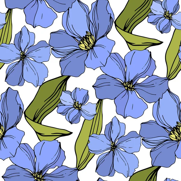 Vector Flax flores botánicas florales. Tinta grabada azul y verde. Patrón de fondo sin costuras . — Vector de stock