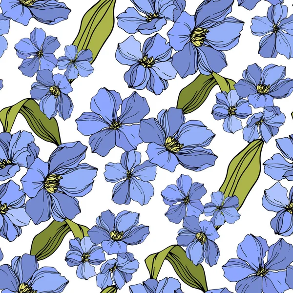 Vector vlas bloemen botanische bloemen. Blauwe en groene gegraveerde inkt kunst. Naadloos achtergrond patroon. — Stockvector